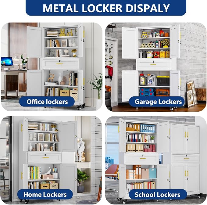 Ckzbx Metal Garage Storage Cabinet with Locking Drawers and Adjustable Shelves,71" H Rolling Tool Storage with Wheels for Garage,Office (White)