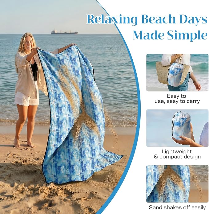 OIGAE Beach Blanket Waterproof Sandproof Oversized Beach Mat | Picnic Mat with Stakes, Storage Bag - Essentials for Outdoor Beach, Picnic,Quick-Dry Lightweight,Windproof Pockets