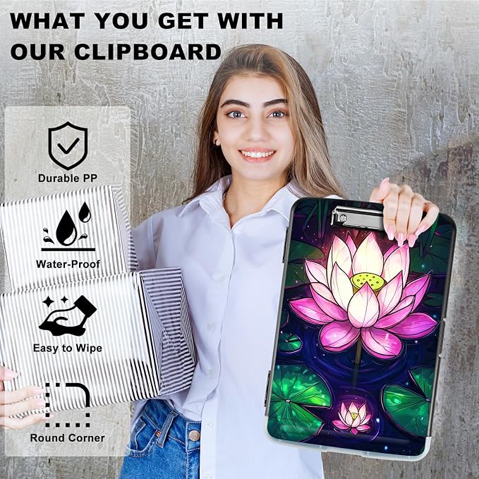 Pink Lotus Flower A4 Clipboard with Storage Pen Holder, Clipboards Organizer Nursing Clipboard Foldable File Folder Plastic Clipboard Folio Clip Board for Office Students Classroom Doctor