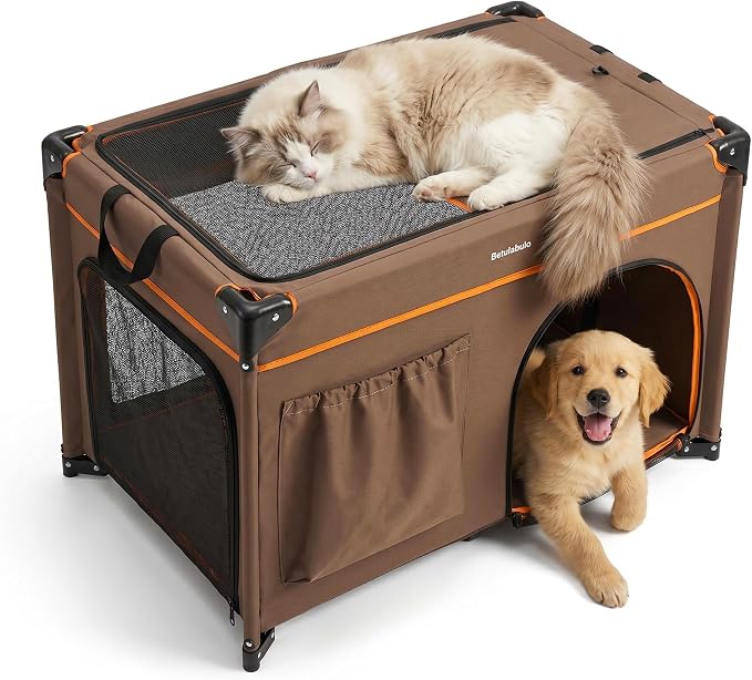 36 Inch Collapsible Travel Dog Crate, 4 Doors & Soft Pet Mat | Portable Dog Travel Crate for Medium Dogs,Large Storage Bag & Breathable Mesh,Soft Sided Dog Crate for Indoor & Outdoor Khaki