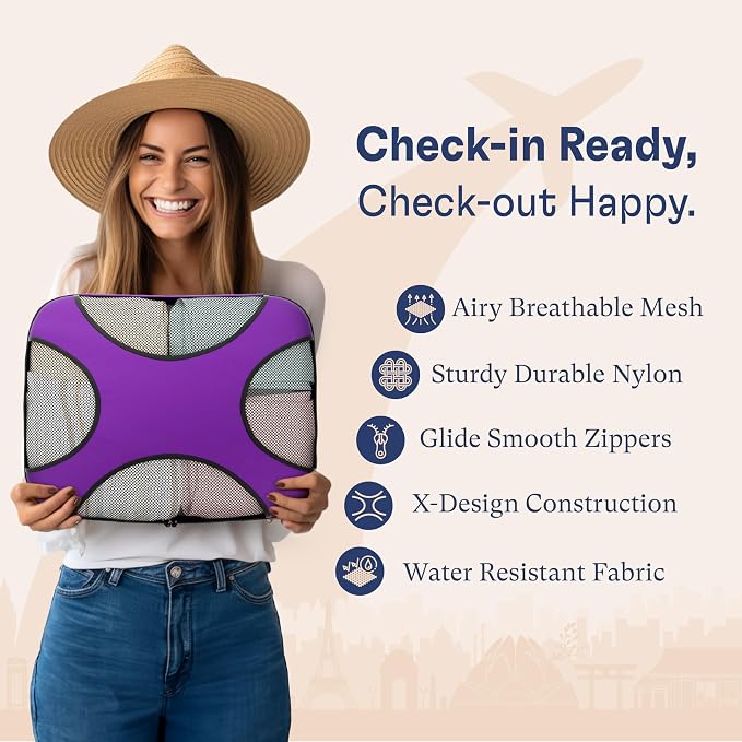 Shacke 5 Set Packing Cubes for Travel with Laundry Bag (Orchid Purple) | Suitcase organizer bags set: 4 water-resistant luggage cubes, XL to Small, + laundry bag for carry-on or checked