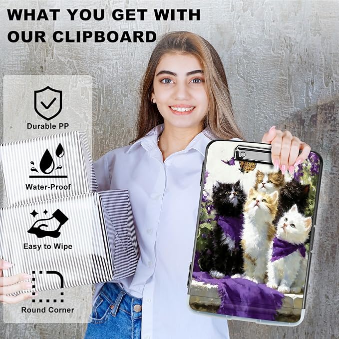A4 Clipboard with Storage Pen Holder, Clipboards Organizer Nursing Clipboard Foldable File Folder Plastic Clipboard Folio Clip Board for Office Work Classroom Doctor, Lavender Cat