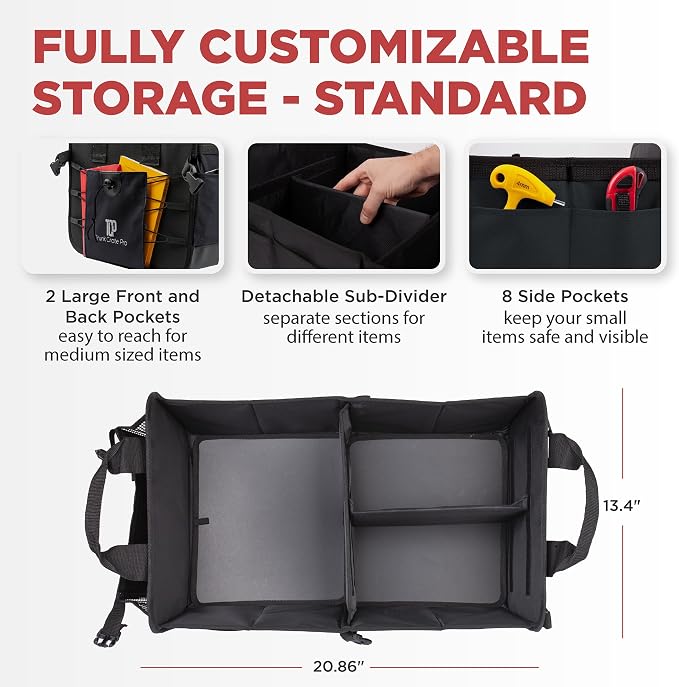 Car & Vehicle Trunk Organizer for SUV, Truck & Auto Storage, Standard Black | Fits Cars, SUVs & Trucks3 Adjustable Compartments Non-Slip Base & Straps Collapsible Heavy-Duty Storage Car Accessories