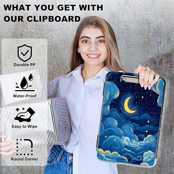 Moon Blue Clouds A4 Clipboard with Storage Pen Holder, Clipboards Organizer Nursing Clipboard Foldable File Folder Plastic Clipboard Folio Clip Board for Office Students Classroom Doctor