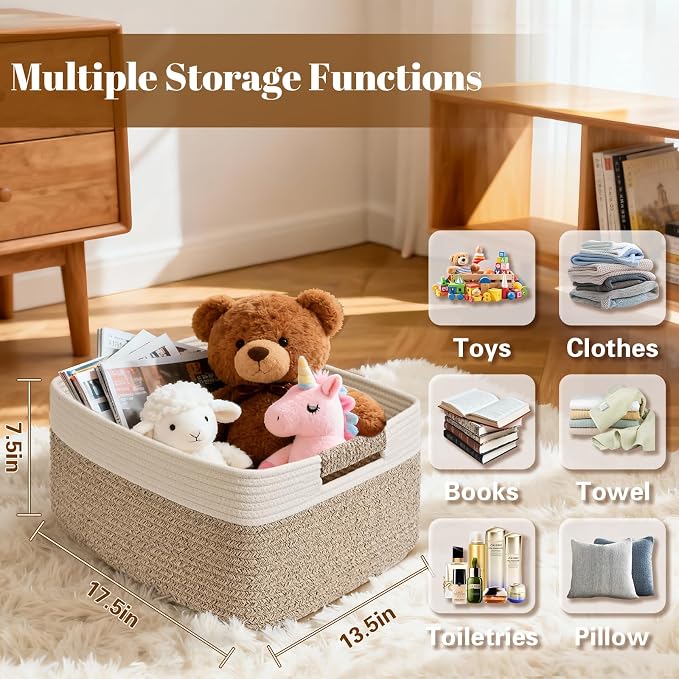 4 Pack Large Storage Basket for Organizing, 17.5"x13"x7" Woven Basket for Shelves, Closet Cube Storage Bins with Wrapped Handle, Cotton Rope Baskets for Kitchen, Clothes, Toys(Off White & Brown)