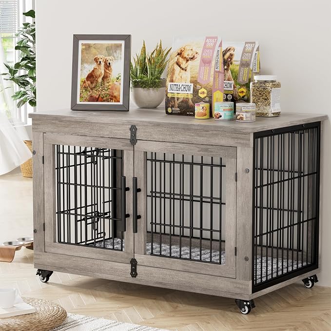 Large Dog Crate Furniture, 38'' Heavy Duty Wood Kennel w/Cushion & Wheels | Grey, Double Doors, Wooden Dog Cage, Chew-Resistant, End Table, Decorative, 27"/32"/38"/44" Options, Indoor