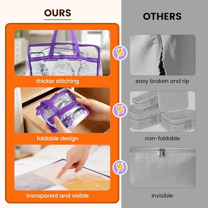 10 Pack 40L Clear Storage Bags with Zipper Large Opening for Loading | Purple Storage Bag for Blankets and Clothes, Large Capacity Closet Organizers and Storage for Dormitory, Bedroom