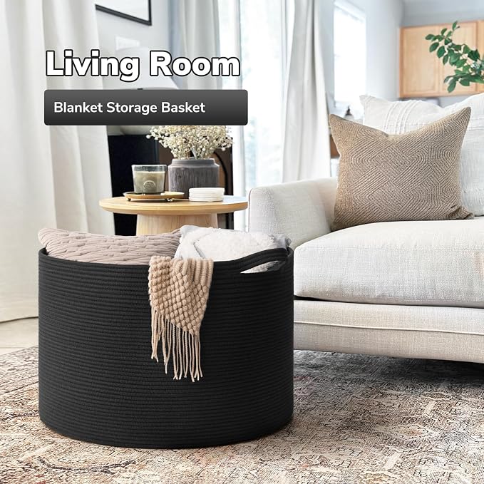 Goodpick Extra Large Woven Dirty Clothes Basket for Nursery, 115L | 23.5 x 23.5 x 15.8 In Storage Basket for Nursery, Blanket Basket for Towels Clothes, Balck