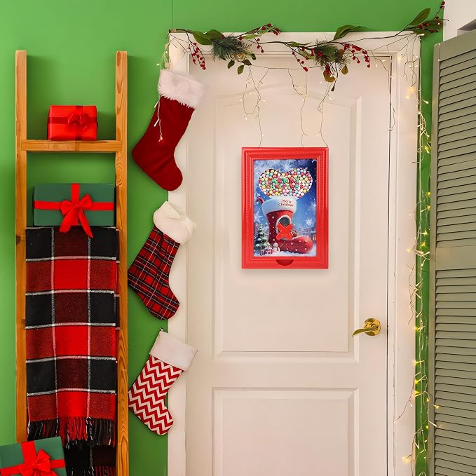Candy Dispenser Picture Frame, Wall-Mount & Tabletop Gumball Machine with Multiple Designs for Candy, Nuts, Treats, Interactive Home and Office Decor (Christmas Boots, Blue)