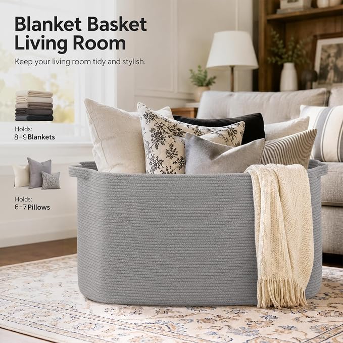 OIASKET 108L Extra Large Blanket Basket Living Room, 24.8" x 16.2" x 16.2" | Rectangle Woven Laundry Hamper, Nursery Blanket Storage Living Room, Toy Storage With Handle, Large Baskets for Organizing