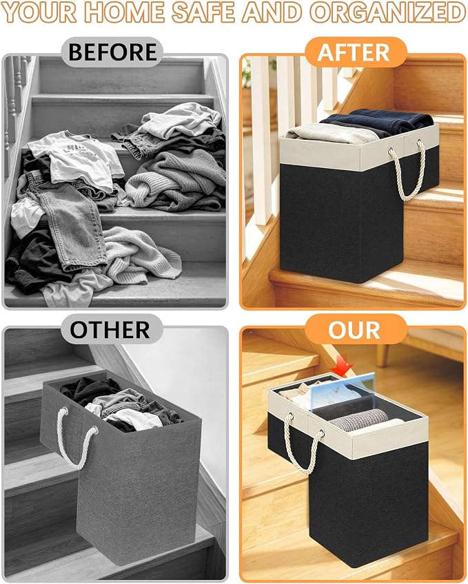 LHZ.K Stair Basket with Removable Divider & Sturdy Handles,1pcs Black | 16" Rigid Foldable Stair Storage Basket for Carpeted & Wooden Stairs, Large Capacity for Laundry, Toy, Pet Supplies & Clutter