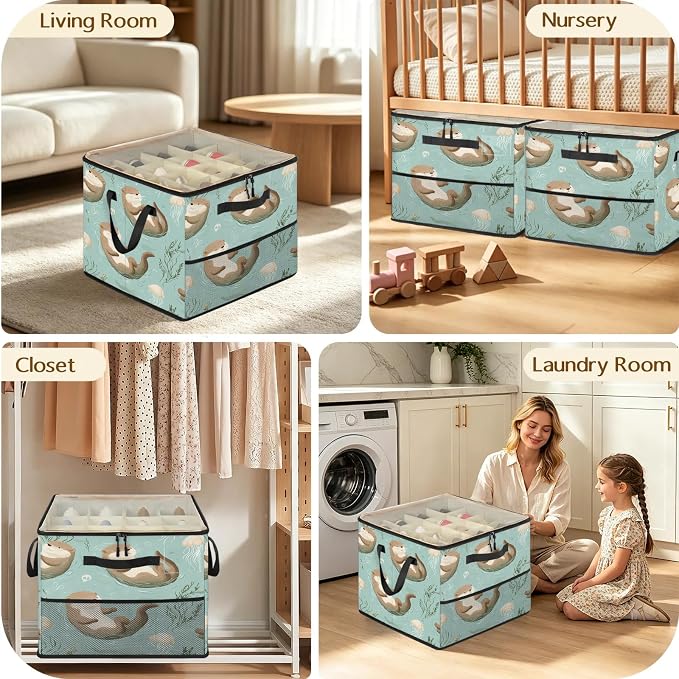 TropicalLife Cute Floating Otters Shoe Organizer for Closet | Jellyfish Seaweed Foldable Shoe Storage Organizer Box Bin with Adjustable Dividers and Clear Cover, Fits up to 16-32 Pairs