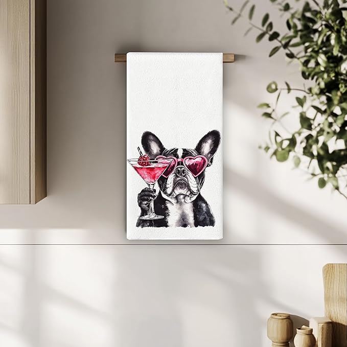 French Bulldog Kitchen Towels - French Bulldog Cocktail Lovers Gifts, Funny Frenchie Wine Hand Towels Dish Towels for Kitchen Home Bar, 16x24 Inch