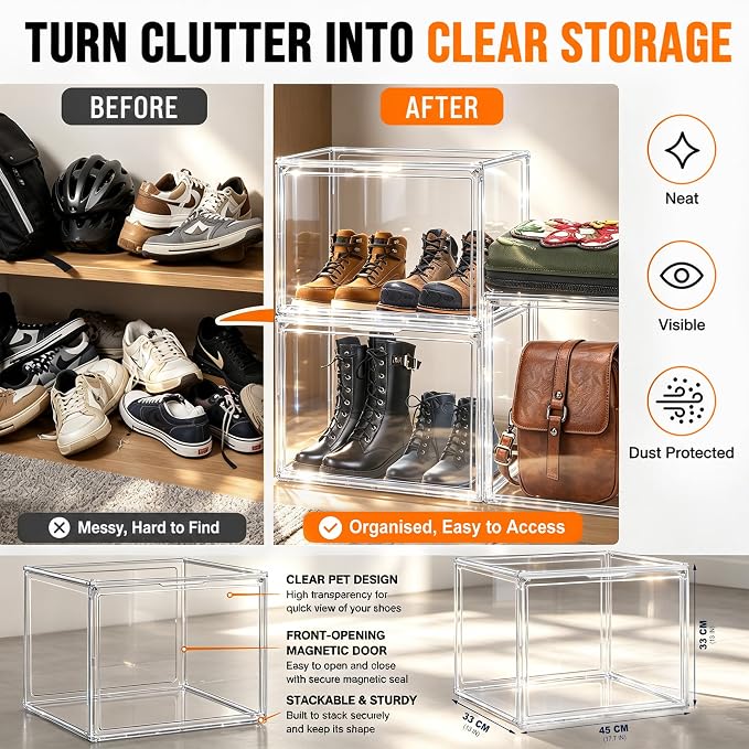 XXX-Large Extra Large Boot & Shoe Acrylic Display Case 17.3'', 1 Pack | Transparent Sneaker Organizer, Clear Plastic Stackable Boot & Shoe Boxes, Large Showcase for Helmet, Handbag, Collectibles