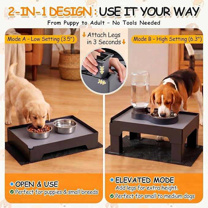 2 Set Elevated Dog Bowl Stand and Waterproof Non Slip Mat, Gray Pad | Reduce Neck, Joint and Spinal Strain, Sturdy Legs, Easy Clean Silicone Pet Food Mat, For Small & Medium Dogs, Cats