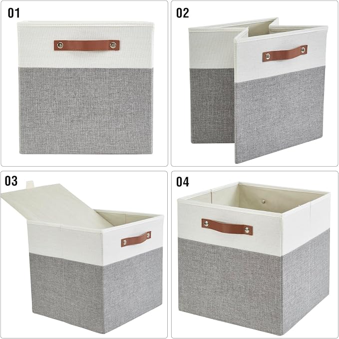 13x15x13 Storage Cube Bins, Foldable Storage Organizer Baskets, Fabric Cube Storage Boxes with 2 Reinforced PU Handles for Kallax, Shelves, Living Room | 4 Pack, Gray & White