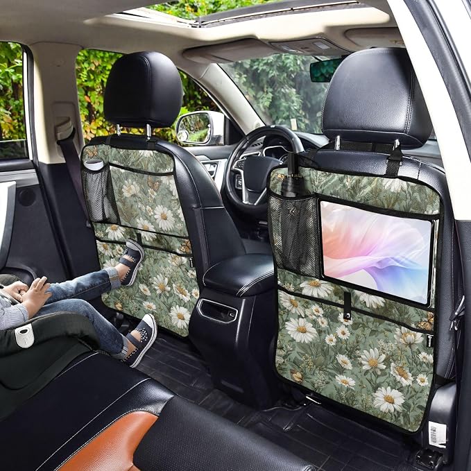 2 Pack Back Seat Car Organizer with Storage Pockets Kick Mats Back Seat Protector Hanging Car Organizer Automotive Seat Back Cover Organizers Summer Daisy Butterfly Green