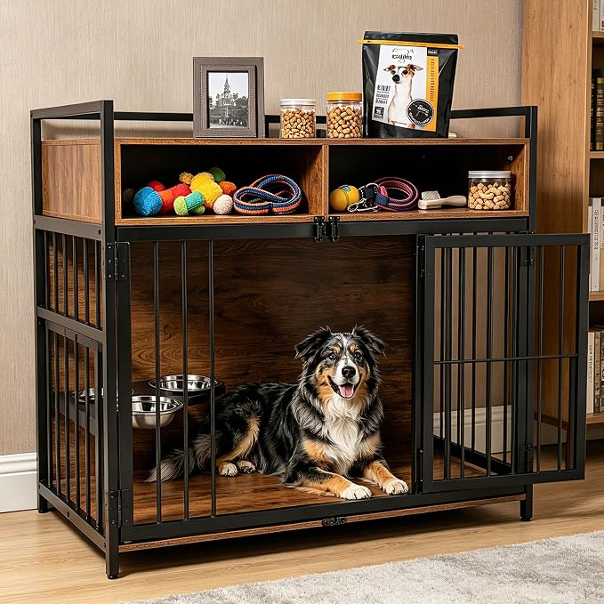 Large Dog Crate Furniture - 48" Vintage Brown Wooden Kennel for Big Dogs, Heavy Duty Chew-Proof Cage with 360° & Adjustable Raised Feeder, Dual Use as End Table or TV Stand
