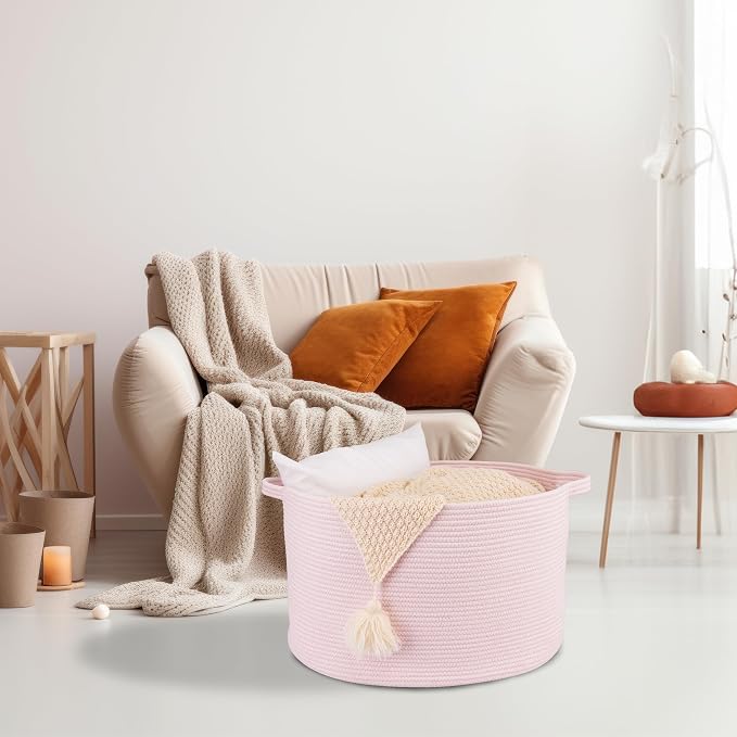 XUANGUO Extra Large Cotton Rope Round Storage Basket 22" x 14" Pink | Woven basket for blankets, toys, towels, laundry, nursery, living room and pet toy storage.