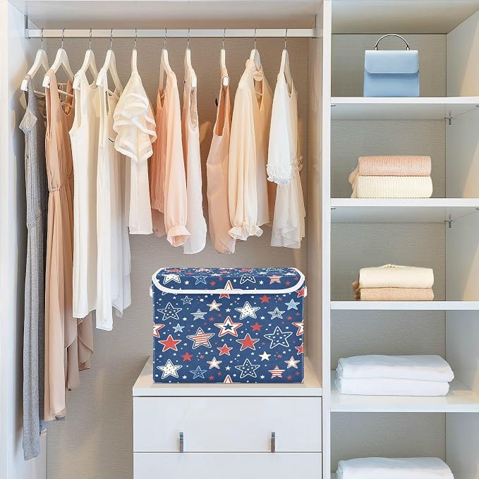 July 4th Patriotic Storage Bins with Lids Large Stars and Stripes Storage Basket with Handles Foldable Fabric Storage Box Organizer for Clothes Closet Cabinet Home Office Bedroom