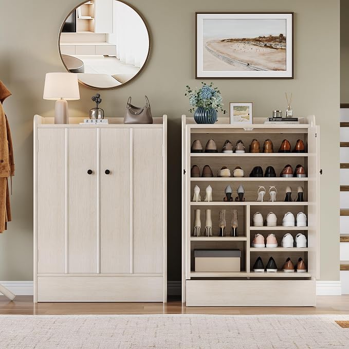 Jehiatek Light Oak Wood Shoe Cabinet with Adjustable Shelves & Large Bottom Drawer,Freestanding Closed Shoe Storage Organizer with Doors,Entryway Shoe Rack for Heels Boots Sneakers Hallway Living Room