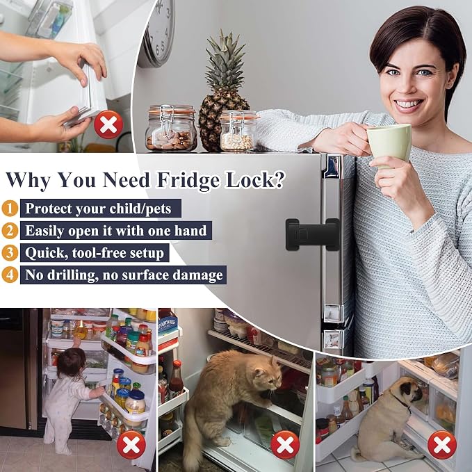 French Fridge Locks for Kids, 1 Pack Baby Safety Refrigerator Lock, Pet/Child Proof Freezer Latch, Cabinet Cupboard Lock with 3M Adhesive, Tool-Free, Drill-Free Install (Matte Black)