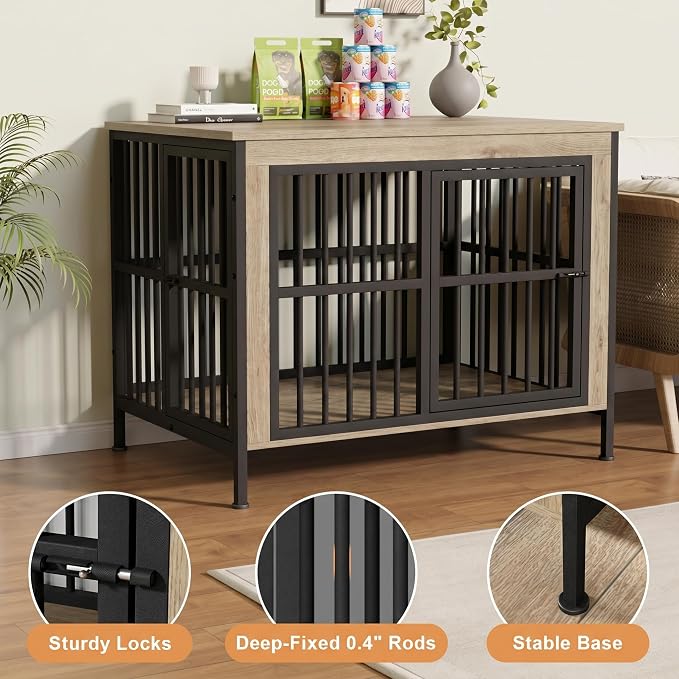 45" Dog Crate Furniture, Decorative Dog Kennels for Large Dogs, Natural | Thick wood, heavy-duty steel, 2-door escape-proof locks, waterproof scratch-resistant, extra-large, stylish, easy assembly