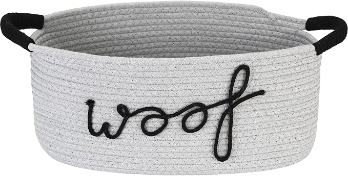 Sea Team Dog Toy Storage Basket with Handles, Gray Woof | Large Cotton Rope Storage Bin, Shelf Basket, Organizer for Pet Chew Toys, Foods, 16.5 x 11 x 7 Inches, 4.4 Gallons