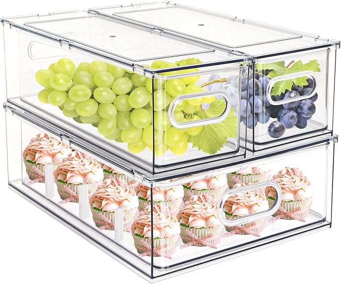 Set of 3 Stackable Refrigerator Organizer Bins Pull-Out Drawers for Fruit and Veggies Divided Storage Organizer for Fridge Clear Drawer Containers with Handle for Produce Saver, Eggs, Snack