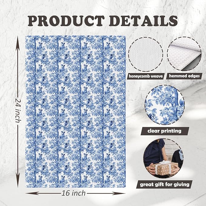 Chicimln Chinoiserie Pitbull Dog Kitchen Towels, Gifts for Pitbull Lovers Decorative Hand Towels for Bathroom, Blue and White Dog Dish Tea Towel Drying Cloth for Kitchen Decor, 16x24 Inch