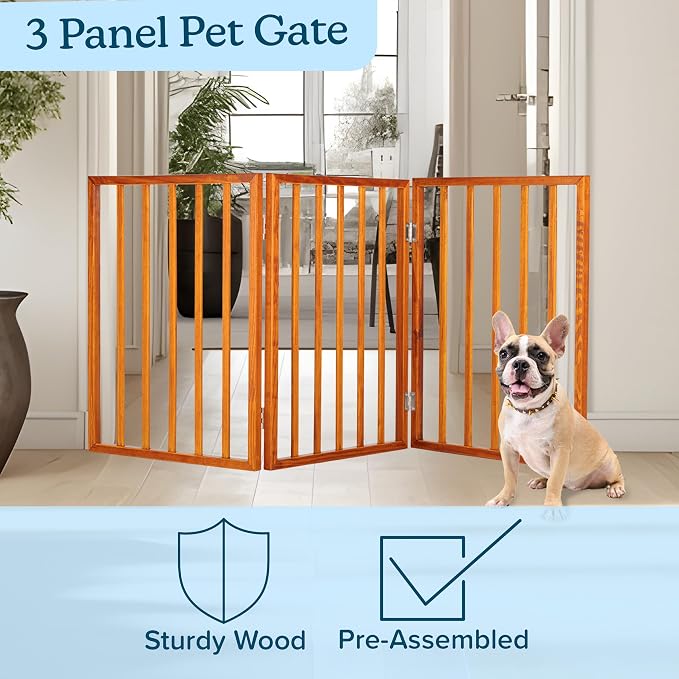 Pet Gate - 3-Panel Indoor Foldable Dog Fence for Stairs or Doorways - 54x24-Inch Retractable Wood Freestanding Dog Gates by PETMAKER (Mahogany) | Foldable Dog Fence with Accordion Design, Wooden Safety Pet Fence for Stairs, Hallways, Doorways, and Porch