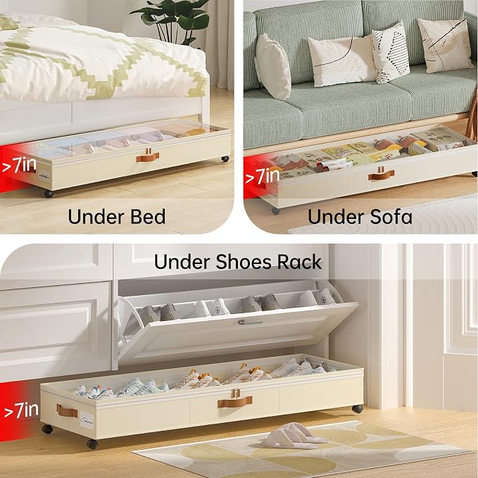 Yecaye 85 L Under Bed Storage with Wheels, 2 Pack Under Bed Storage Containers with Adjustable Dividers & Lids, Large Rolling Underbed Organizer Bins Drawers for Clothes, Shoes, Blankets Toys, Beige