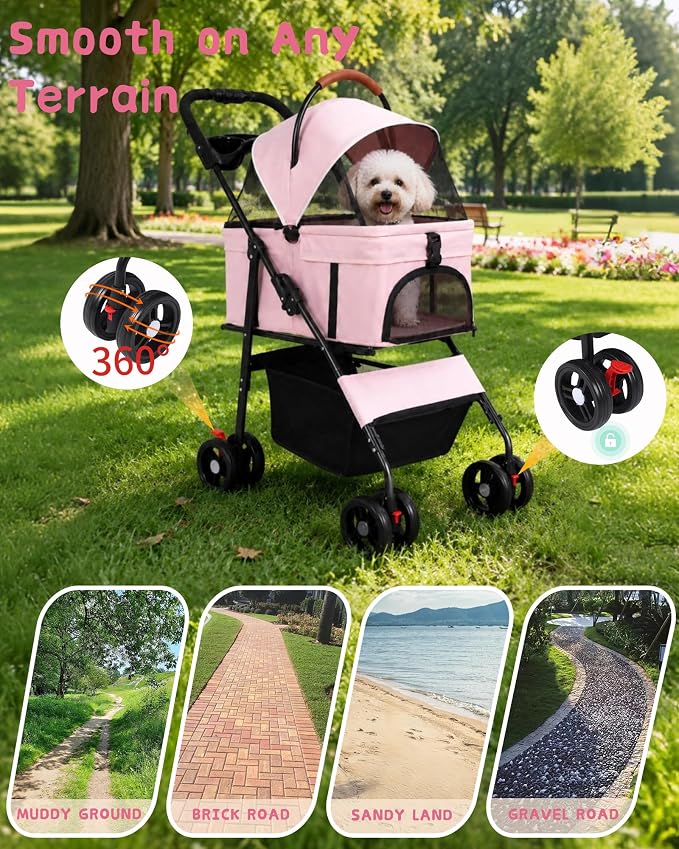 Pet Stroller, 3 in1 Foldable Dog Cat Stroller with Detachable Carrier-35lbs | Lightweight Foldable Dog Stroller, All-Terrain 4 Wheels, Compact Travel Pet Stroller for Small to Medium Pets-Pink