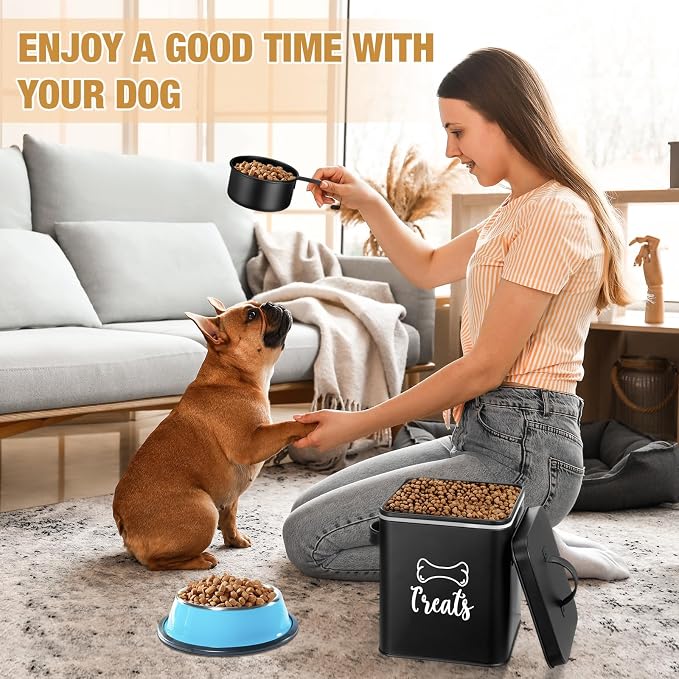 Teenyyou 2 Pcs Metal Dog Treat Containers with Airtight Lids and Spoon 7+3 Lbs Dog Food Snack Jars with DIY Labels Big Pet Cookie Storage Jar for Kitchen Counter(Black)