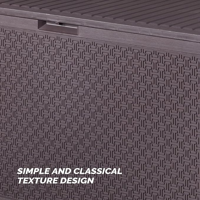 90 Gallon Outdoor Storage Box with Maze Texture, Waterproof Resin Deck Box for Patio Furniture Cushions, Lockable & Weather Resistant Garden Bin for Pool Toys & Tools, Brown