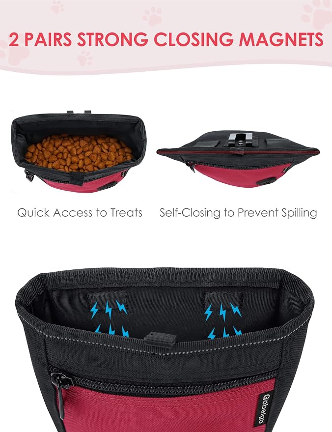 2 Cup Dog Treat Pouch with Training Clicker(Black/Red) | 2 Pair Magnetic Closures, Zipper Pocket with Poop Bag Holder, Waist Belt & Metal Clip to Wear for Pet Training/Daily Walking