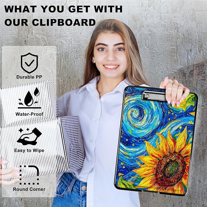 Starry Sunflower A4 Clipboard with Storage Pen Holder, Clipboards Organizer Nursing Clipboard Foldable File Folder Plastic Clipboard Folio Clip Board for Office Students Classroom Doctor