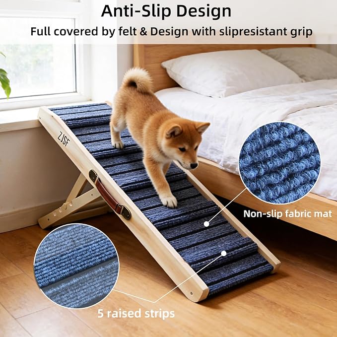 ZJSF Foldable Wooden Dog Ramp for High Bed, Dog Stairs for Small Dogs, High Traction Platform with 4 Adjustable Heights (5"-20.5"), 31.5" L, Supports up to 70 lbs,Small Size for Puppies