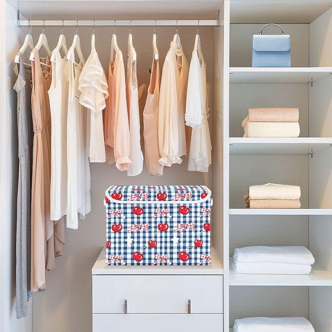 Cherry Gingham Fabric Storage Bins with Lid Foldable Storage Boxes Baskets | Decorative Storage Boxes, Foldable & Stackable, Dust-Proof Flip Top, Reinforced Handles, For Home & Dorm, Clothes & Toy Box