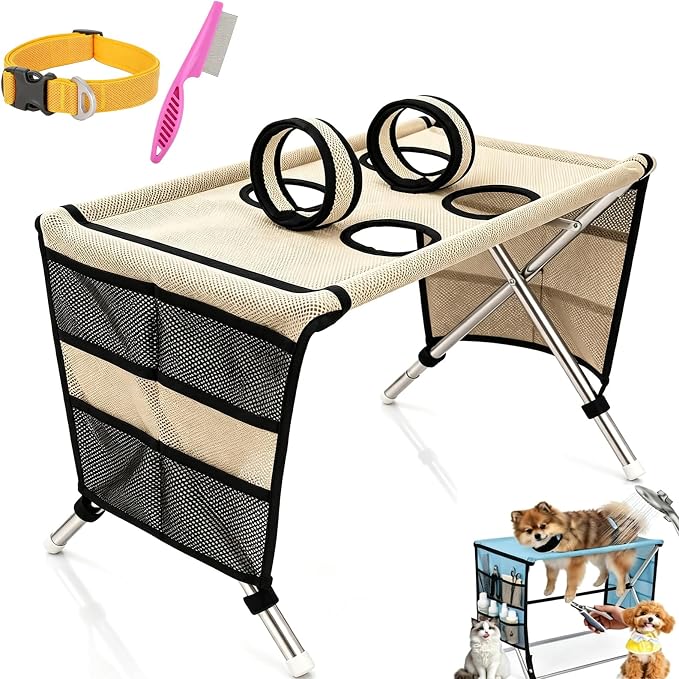 2-in-1 Foldable Pet Grooming Bed, Portable Pet Bathing Stand (Khaki,B) | Dog Grooming Hammock with Foldable Frame and Mesh Side Pockets, Suitable for Pet Washing Maintenance Travel Grooming