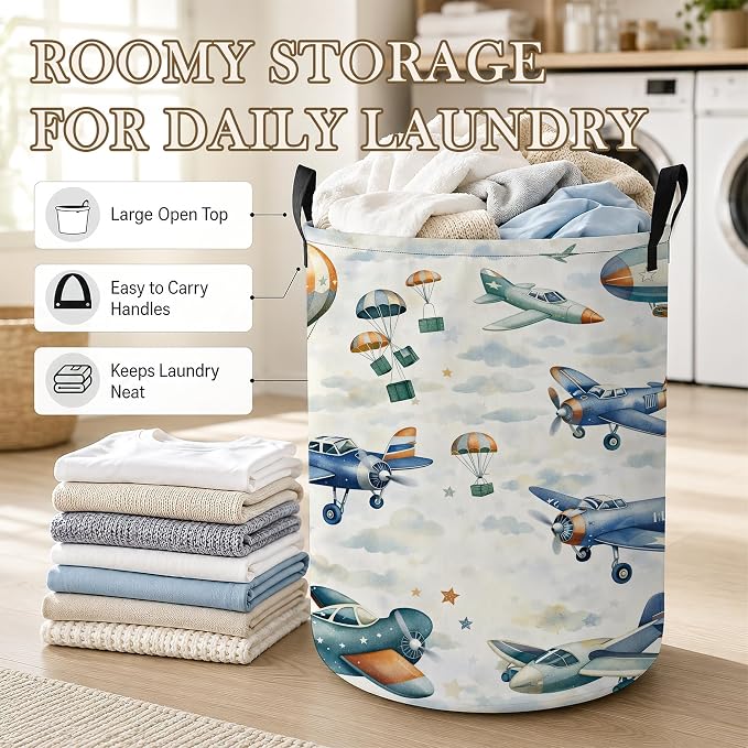 Vintage Airplanes Laundry Basket, Cloud Sky Collapsible Laundry Hamper Waterproof Oxford Cloth With Handles, Clothes Storage Bucket For Bathroom/Bedroom 16" x 20.8"