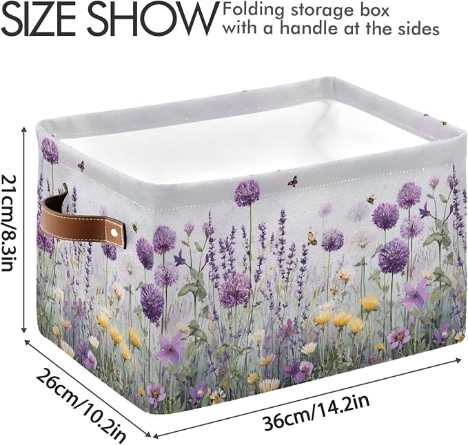 Lavender Fabric Storage Bin, Foldable Organizer Bag for Baby Cloth, Dog Toy, Book Storage Cubes, Shelf Closet Basket - 16x12x8
