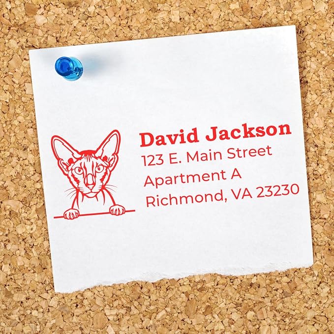 Personalized Peterbald Cat Return Address Stamp for Baby Announcements & Wedding Invitations | Handcrafted Custom Self-Inking Name Labels with Elegant Feline Design, 7/8 X 2-1/4 Inches