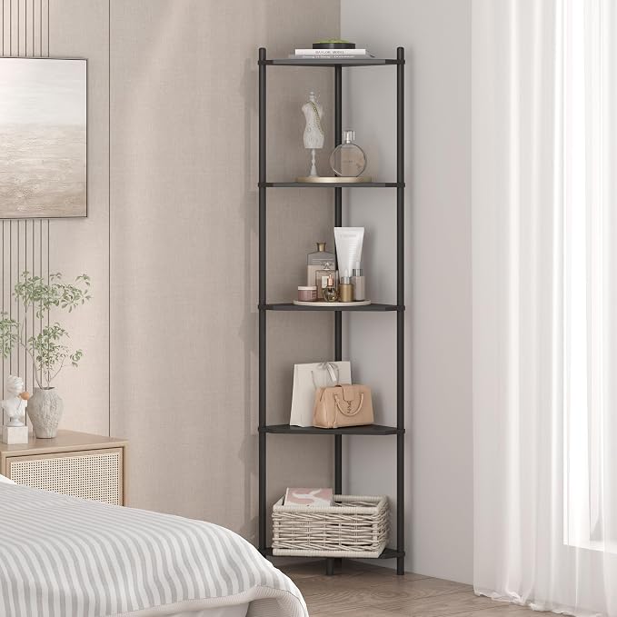Wisuce Black Tall Corner Shelf Stand, 5-Tier Bamboo Corner Bookshelf | Space-Saving Narrow Corner Shelf | Bathroom Corner Shelf | Shelves for Bedroom, Living Room, Kitchen & Plant Display