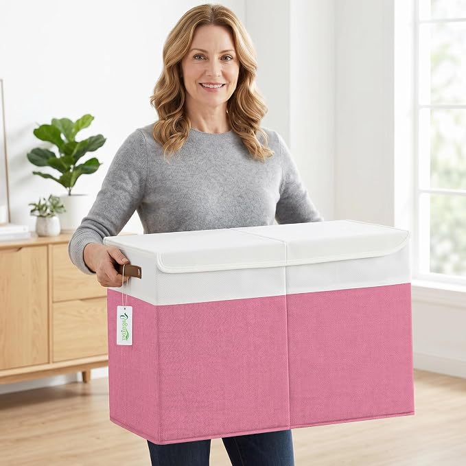 Large Toy Storage Box with Lids, Collapsible Sturdy Baby Storage Organizer Chest Bin Basket for Kids, Boys, Girls, Playroom, Nursery, Bedroom, Closet 25"x13"x16" (Pink and White)