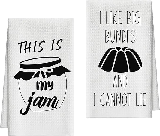 Kitchen Towels Set of 2, Jam and Bundts Dish Towel for Kitchen, Decorative Hand Towels for Bathroom, Fast Drying Tea Towel with Funny Sayings, Housewarming Xmas Gifts for Women Mom -B14