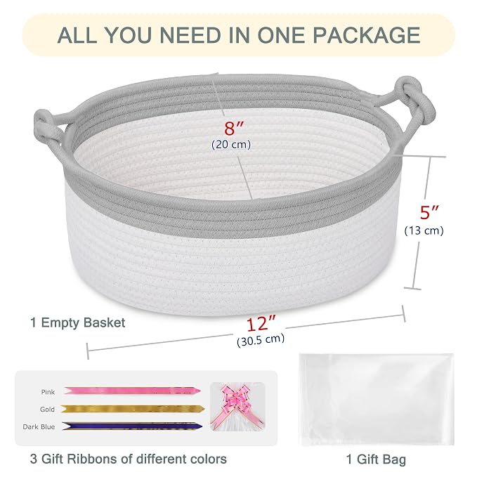 COMSE Small Gift Basket Empty with Bag & Ribbons, Cool Gray & White | Cotton Rope, 12"x 8"x 5", Pet Toy Storage Organizer, Woven Basket for Birthdays, Baby Showers, Mother’s Day, Valentine’s Day