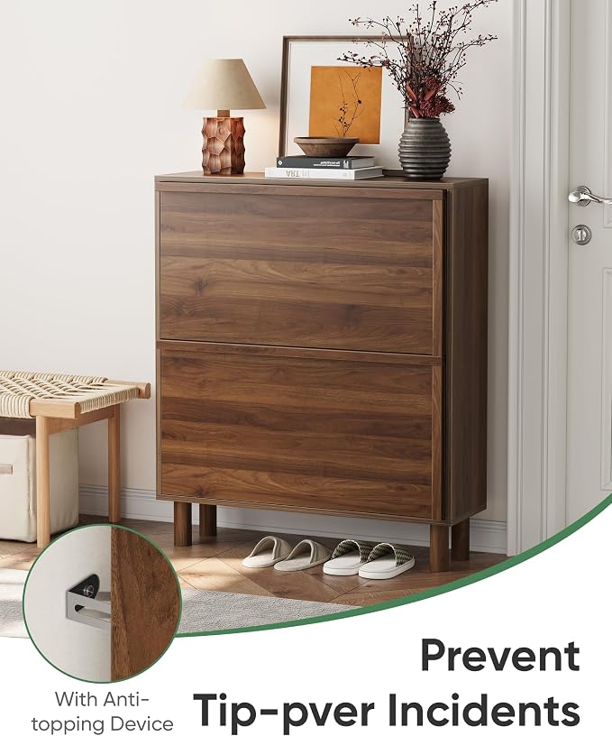 Shoe Storage Cabinet with 2 Flip Drawers, Slim Shoe Rack Cabinet with Integrated slant-grip handle, Narrow Shoe Cabinet Storage for Entryway Entrance, Freestanding Shoe Organizer Cabinet (Walnut)