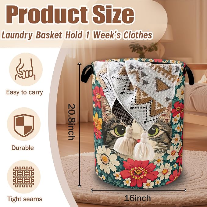 Cute Cat Laundry Baskets,Blooming Colorful Flowers Laundry Hamper,Storage Basket with Handles for Bathroom Bedroom College Dormitory Living Room Nursery Organizer 16"x20.8"