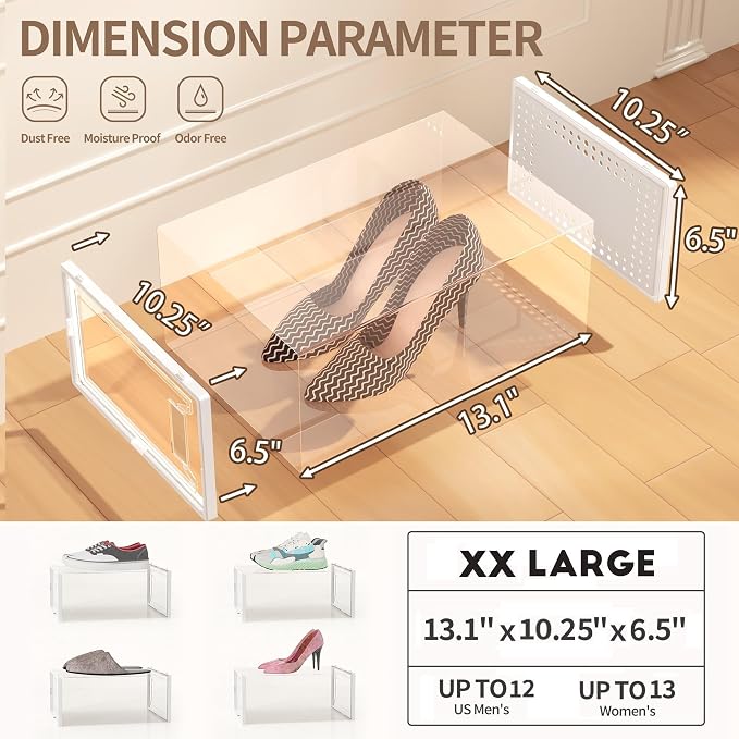 12 Pack XX-Large Stackable Clear Plastic Shoe Storage Box Organizer, White | Easy to Assemble and Stack, Fit Size 11, Ventilated Dust-Proof, For Sneaker, Closet, Entryway, Under Bed, Replace Shoe Rack